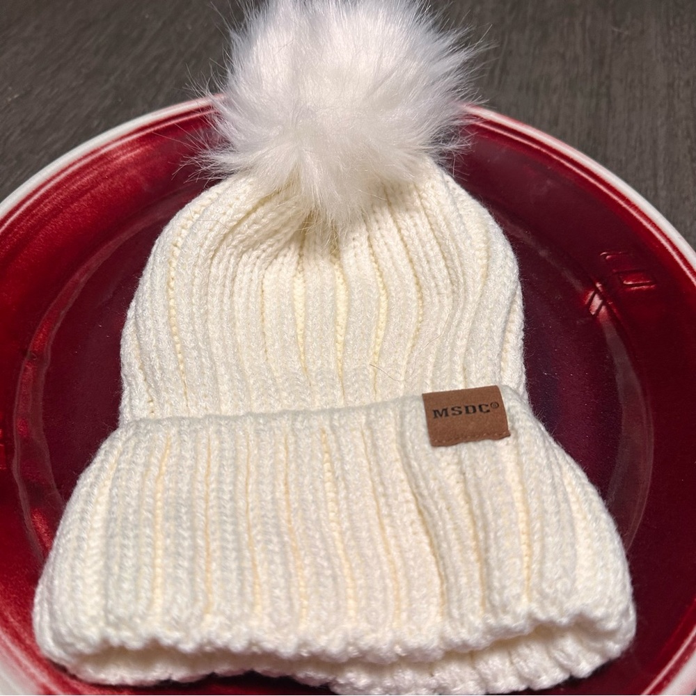 Brand New MSDC Women's Knit Cream Beanie featuring a Playful Pom-Pom